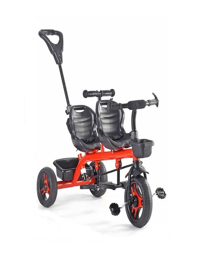 JoyRide Twin Trekkers Kids Tricycle with Parental Adjust Push Handle Children Seat Belt Dual Steering 2 footrest 2 Big seat Kids trikes Ride on Cycle Outdoor Toddler Bicycle for Boys & Girls (RED) - Image 1
